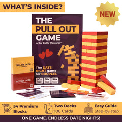 Our Guilty Pleasures pull-out game cards dex shows 50 action and 50 tell me prompts.