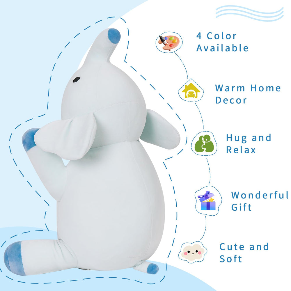 Face detail shows a friendly expression from the OurHonor weighted elephant plush.