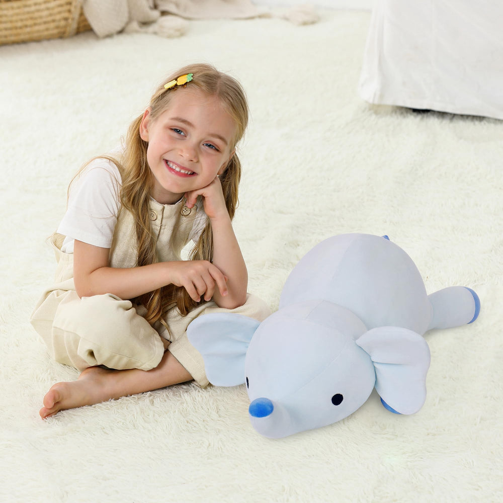 Hugging position demonstrates the plush as a cuddle companion for adults and kids.