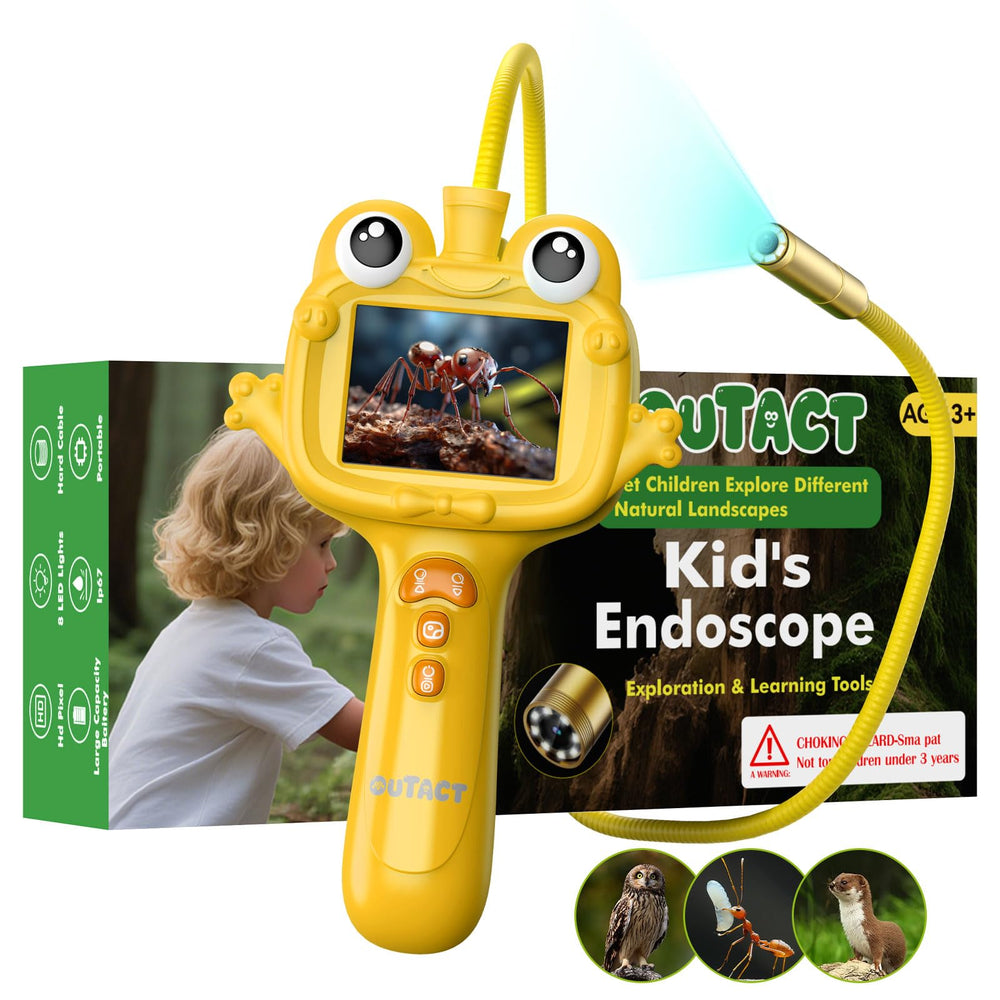 OUTACT Kids Endoscope with LED light illuminates dark spaces for real-time exploration.