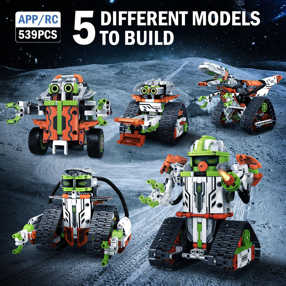 OUTOGO STEM robot parts spread showing 539 pieces for progressive building