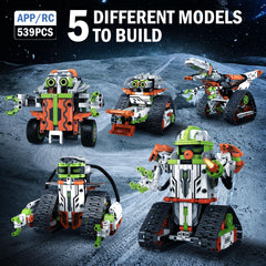 OUTOGO STEM robot parts spread showing 539 pieces for progressive building