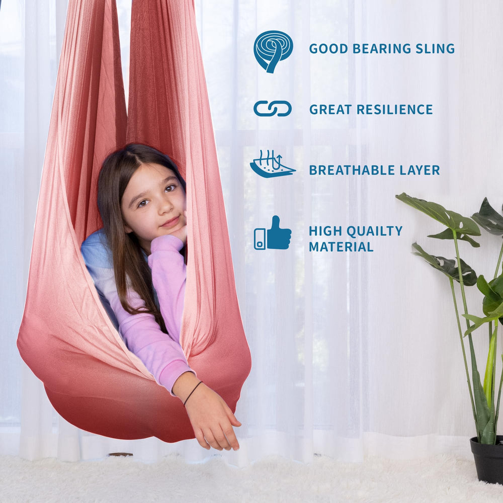 OUTREE indoor swing in pink and white demonstrates easy installation and space efficiency