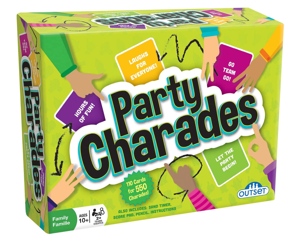 Outset Media Party Charades box open displaying 550 cards for group play