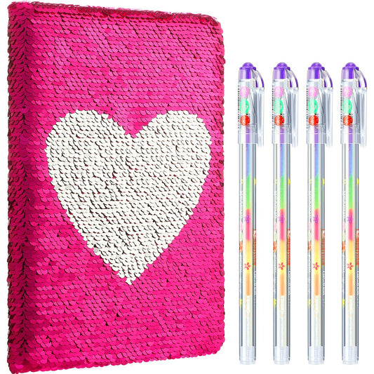 Outus sequin journal with pink heart cover invites creative writing and doodling.