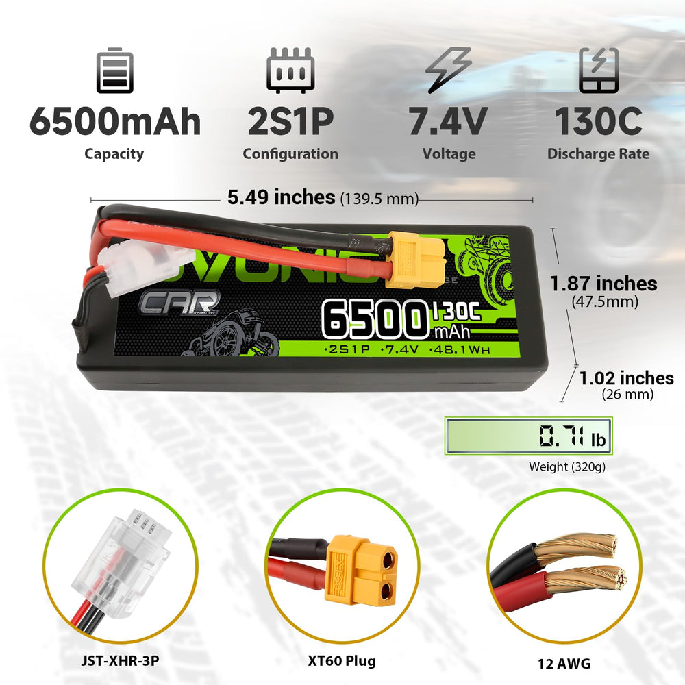 OVONIC 2S LiPo battery size specs for precise fit in compact RC models.