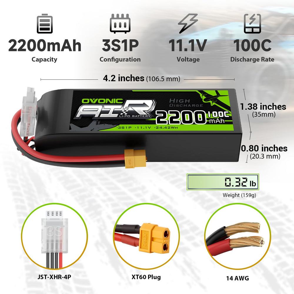 Close-up of OVONIC 3S 100C 2200mAh battery showing compact design