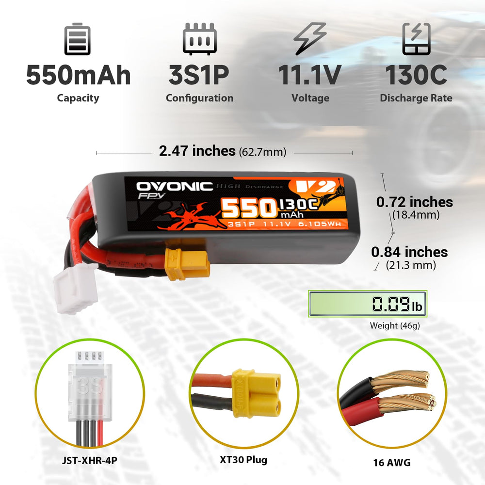 OVONIC 3S 550mAh LiPo with XT30, side view, designed for reliable high-load performance.