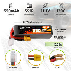OVONIC 3S 550mAh LiPo with XT30, side view, designed for reliable high-load performance.