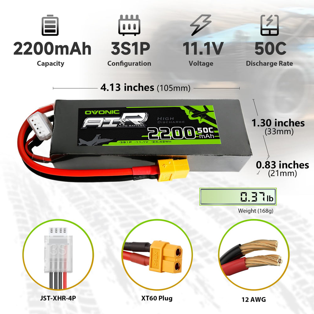 OVONIC 3S LiPo battery dimensions 107x35x22mm for precise RC fit.