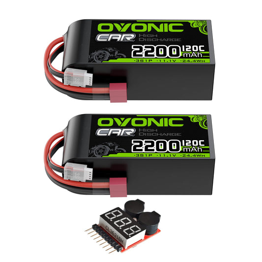 OVONIC 3S short LiPo battery with Dean plug, front view showing compact profile and terminals.
