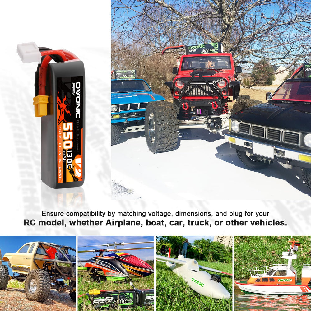 OVONIC 4-pack LiPo batteries, ready for multi-vehicle RC use and quick swaps.