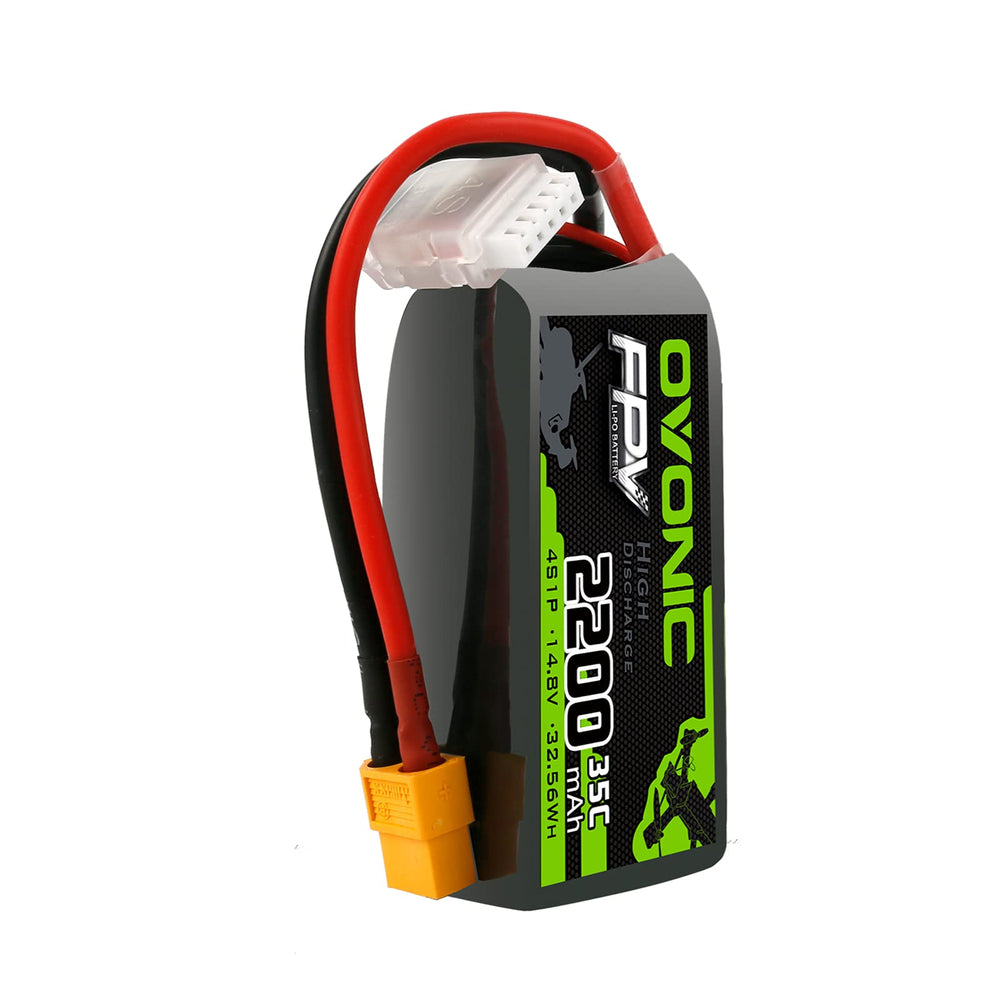 OVONIC 4S LiPo battery front view showing compact size for FPV drones.