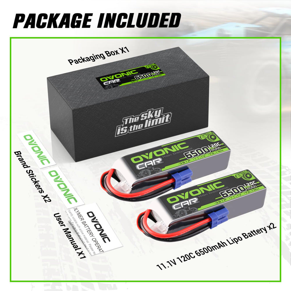 OVONIC compact RC battery shown with dimensions and weight for planning.