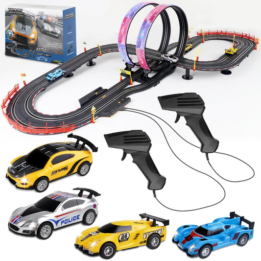 Pafolo slot car track 19ft with LED track layout for intense family races.