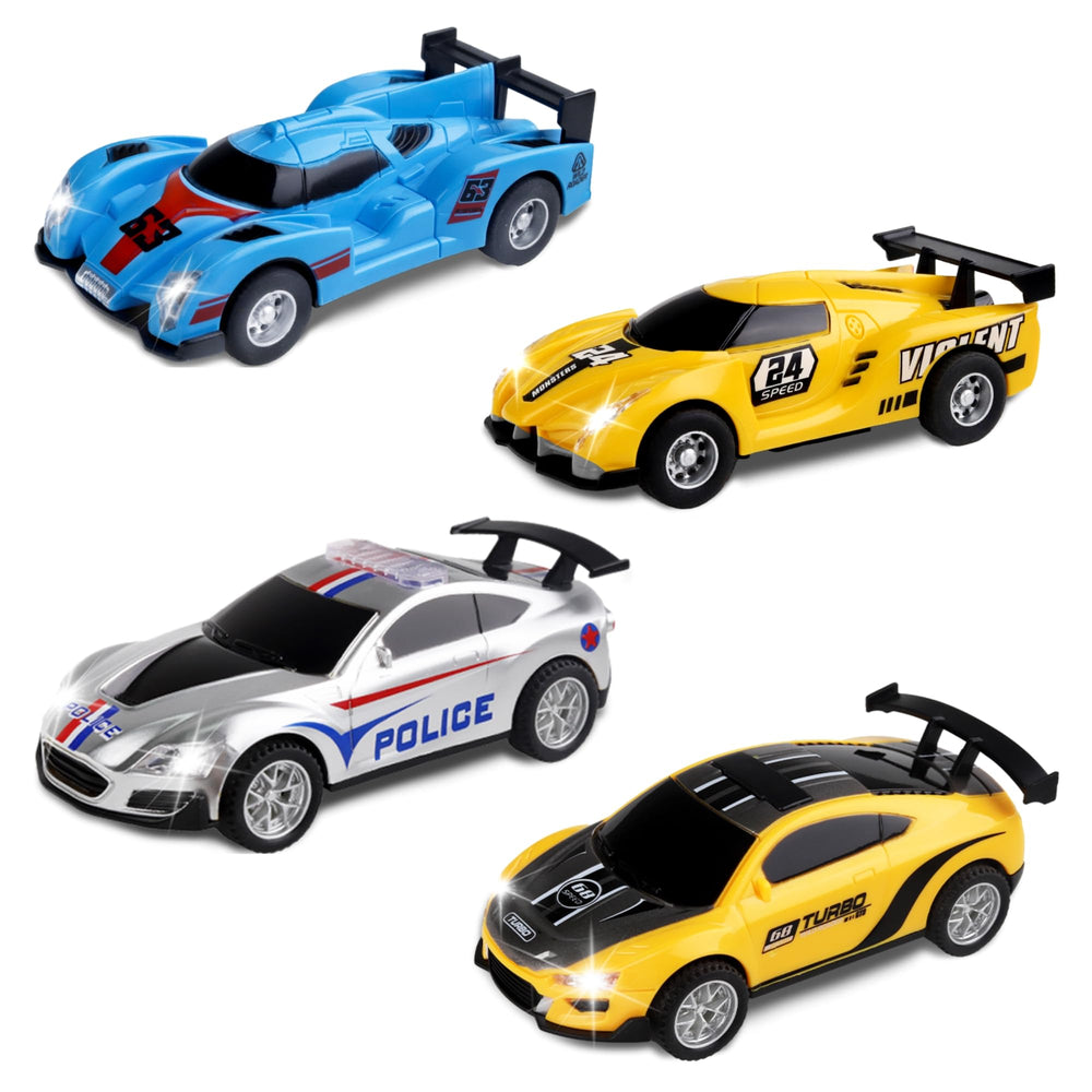 Pafolo 1:43-scale slot cars glow with headlights during fast laps.