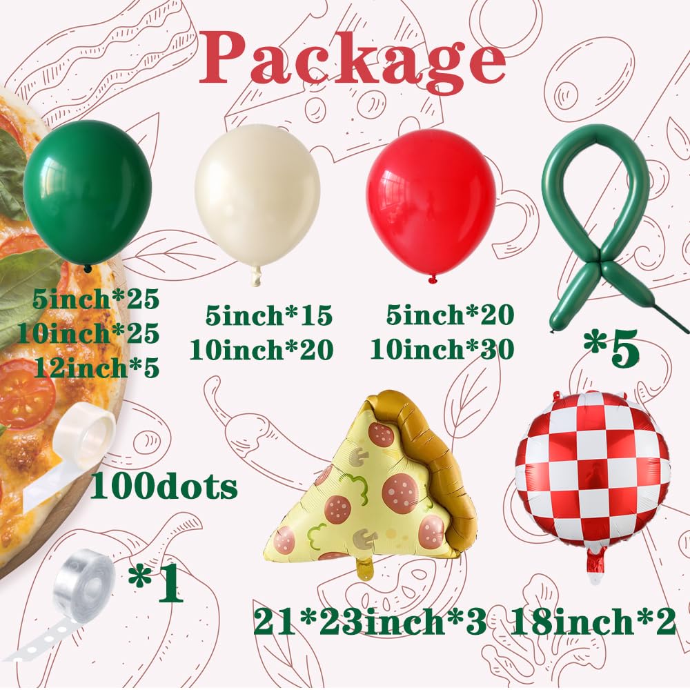 PageebO pizza party red 10-inch balloons create bold arches.