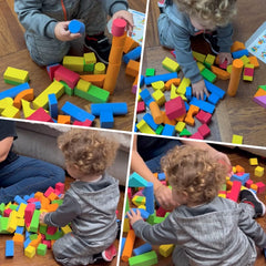 Bright Pairez Toys blocks in red, orange, green, yellow, blue for color recognition.