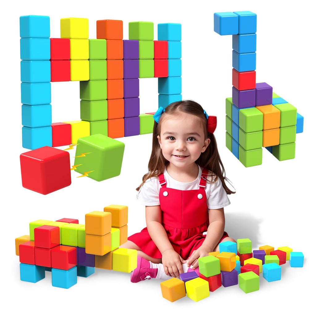 Pairez Toys magnetic building blocks arranged in a rainbow stack for creative play