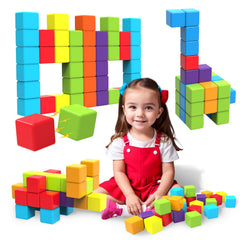 Pairez Toys magnetic building blocks arranged in a rainbow stack for creative play