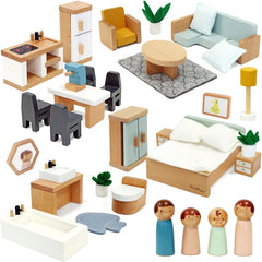 PairPear dollhouse furniture set with natural wood and 35 pieces sparks imaginative play