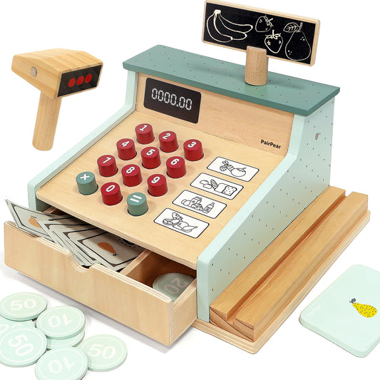 PairPear wooden cash register front view for imaginative play and early math skills
