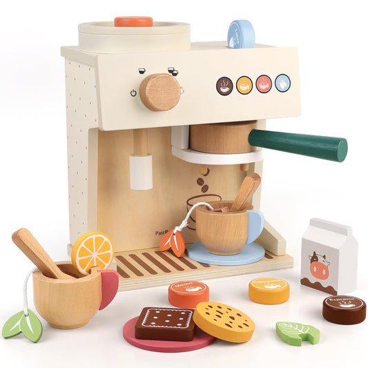 PairPear wooden espresso toy stand boosts imaginative play and fine motor skills.