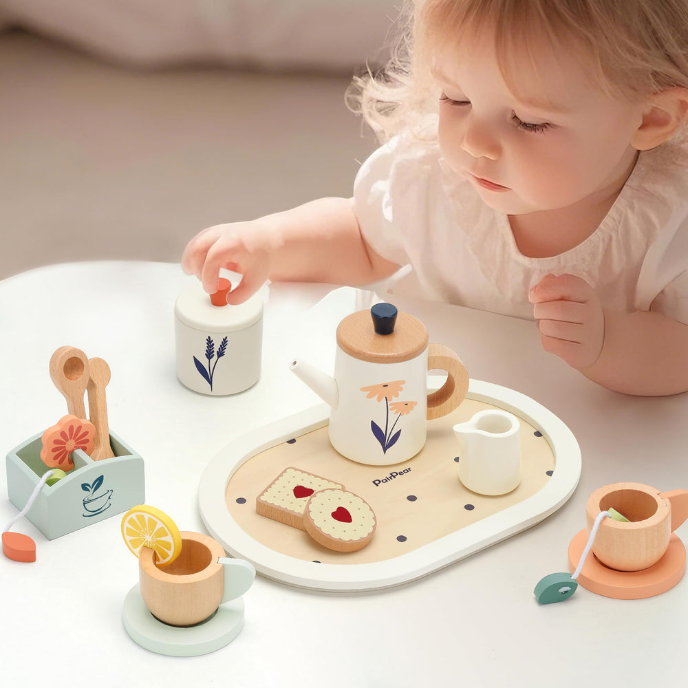 PairPear gift-box packaging showcasing a complete wooden tea set