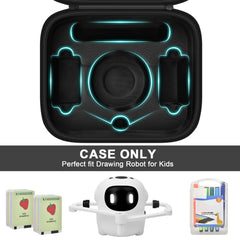 PAIYULE drawing robot carrying case opened to reveal organized interior with cards and cables