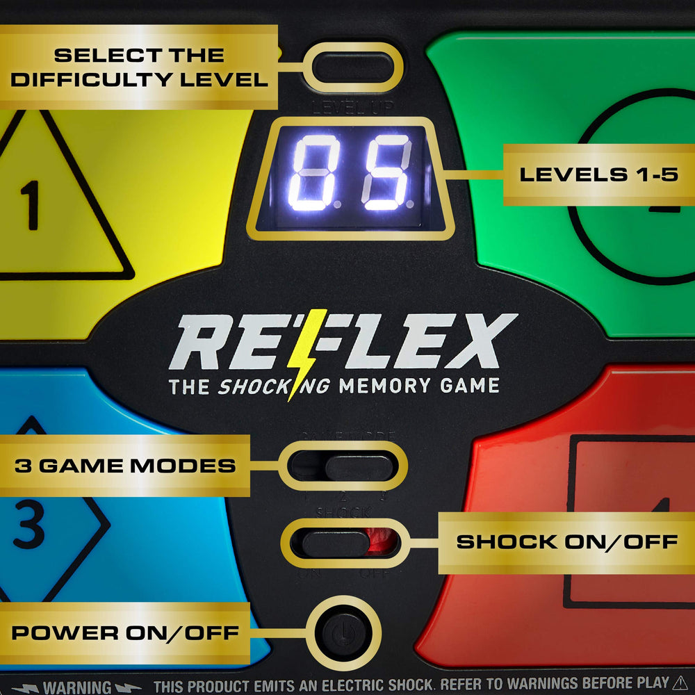 Paladone Reflex Shocking Memory Game levels display shows three escalating challenges