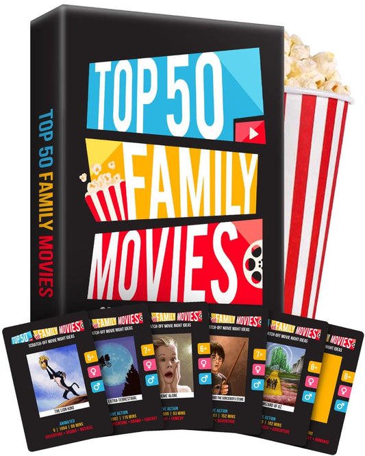 Palettes and Prints family night scratch-off deck cover with inviting movie-themed art for cozy evenings.