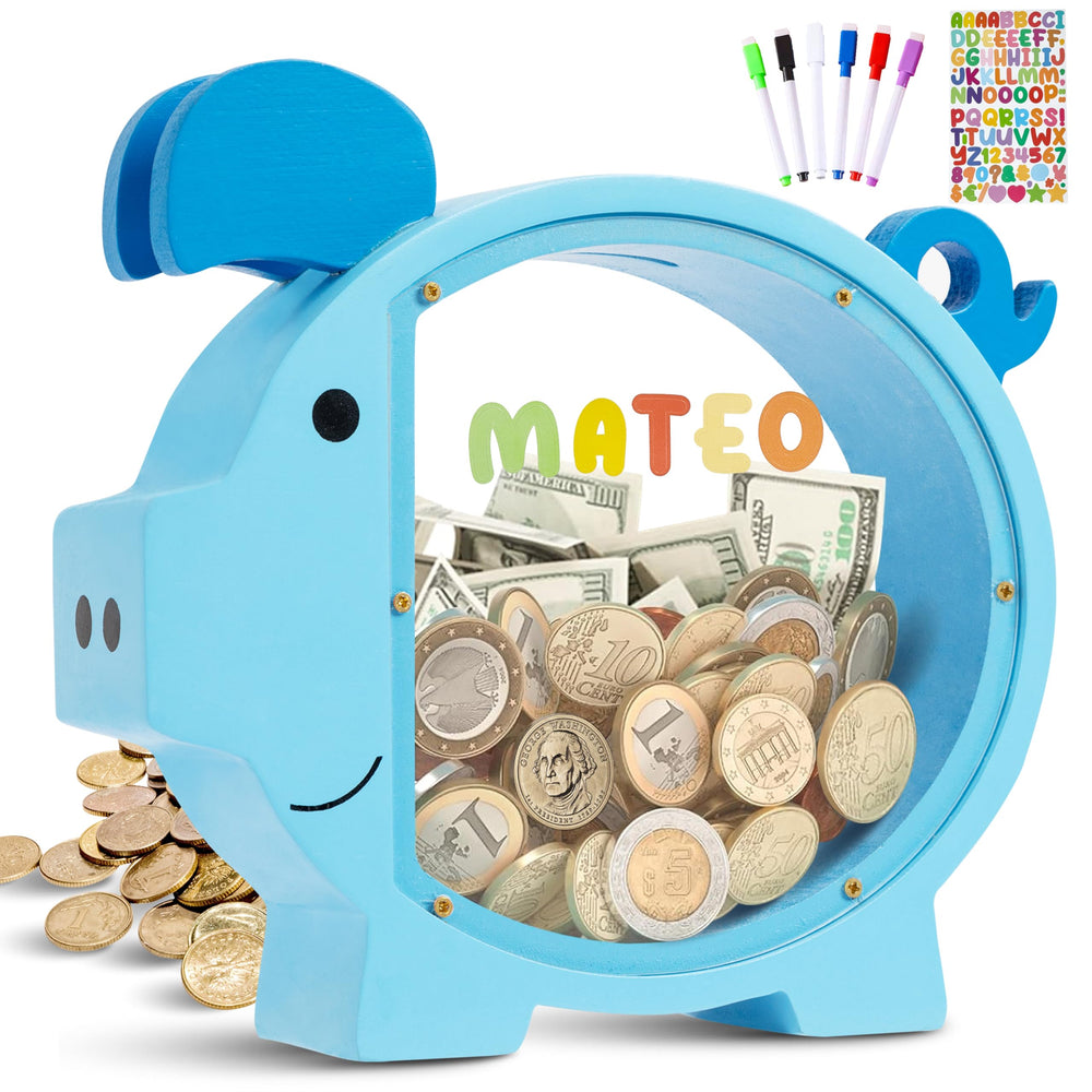 Pamctry Piggy Bank in blue design inspires imaginative play and saving basics.