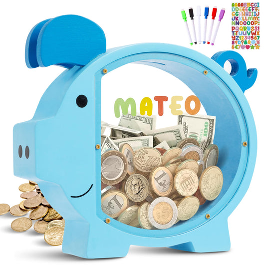 Pamctry Piggy Bank in blue design inspires imaginative play and saving basics.