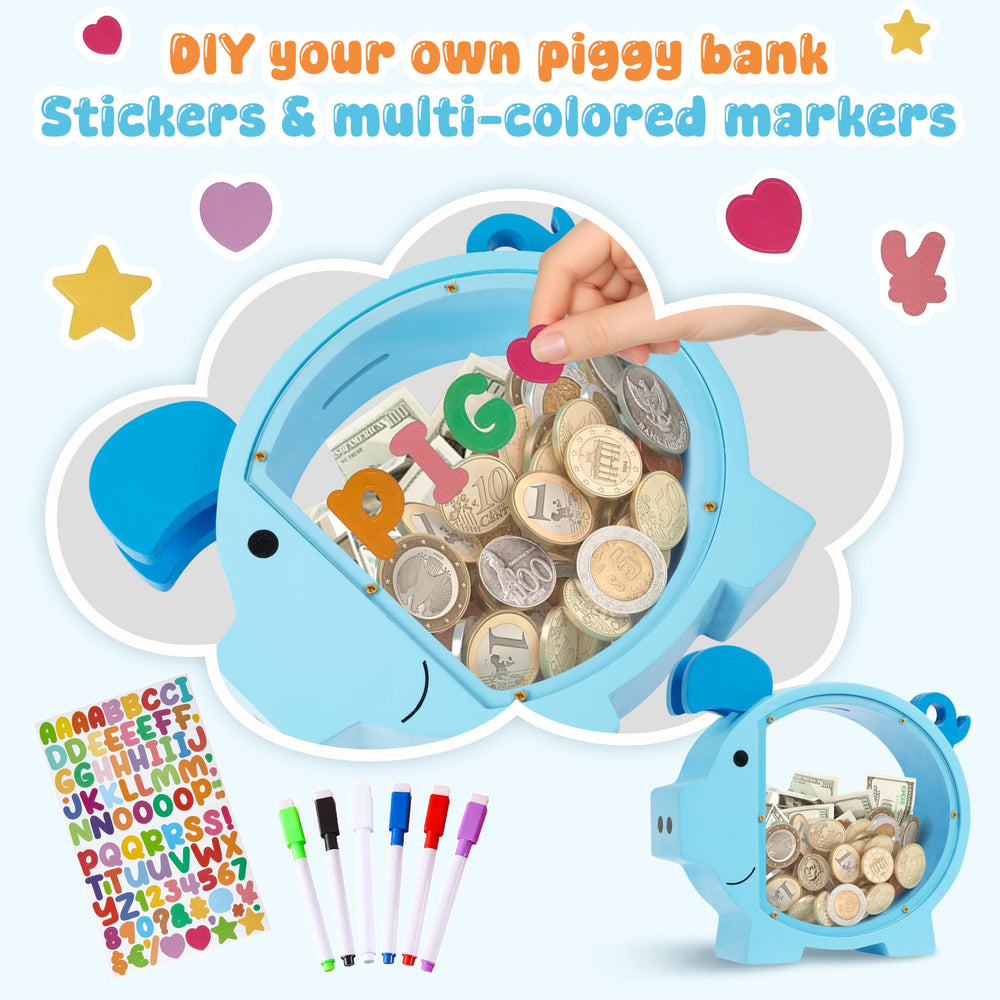 Transparent panel on Pamctry Piggy Bank shows savings growing inside.