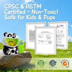 Panda Bubble Machine includes 8oz ready-to-use solution for quick setup.