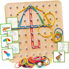 Panda Brothers wooden geoboard shows 64 nails for creative geometry play and fine motor practice.
