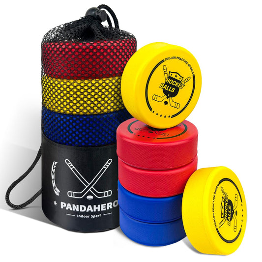 Pandahero soft foam pucks in a six-pack for indoor knee hockey.