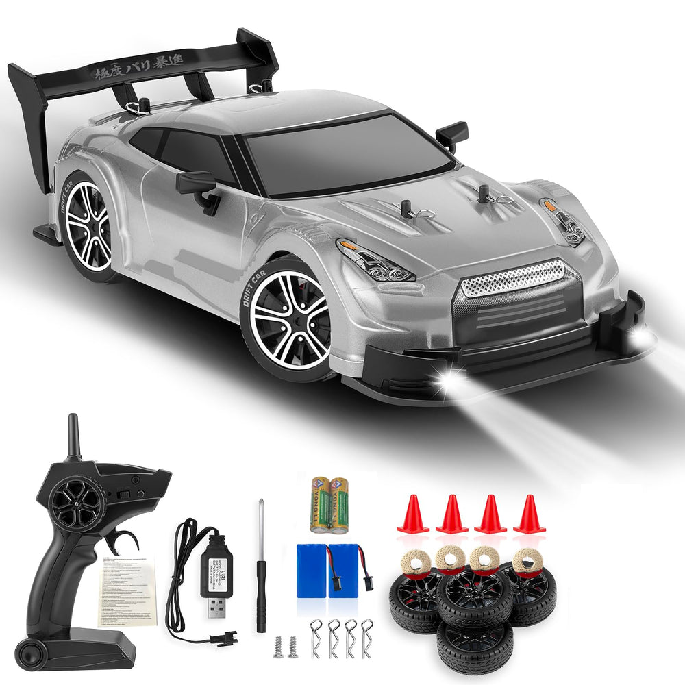 PANKQQ RC Drift Car 16-scale silver, side view highlights agile drifting.
