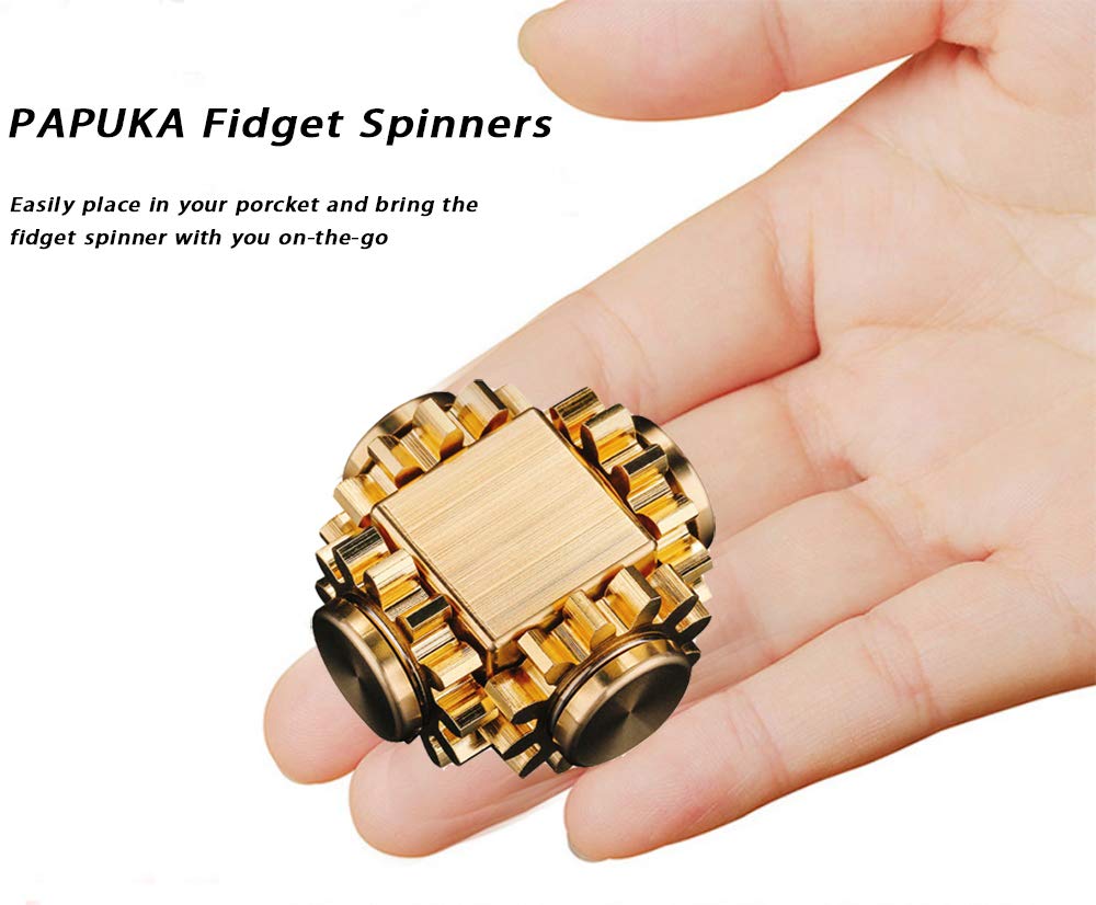 PAPUKA Pure Brass Cube Gears spinner, top angle, smooth rotation for calm moments.