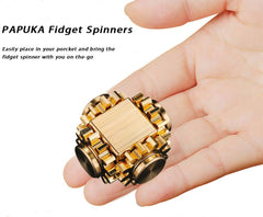 PAPUKA Pure Brass Cube Gears spinner, top angle, smooth rotation for calm moments.