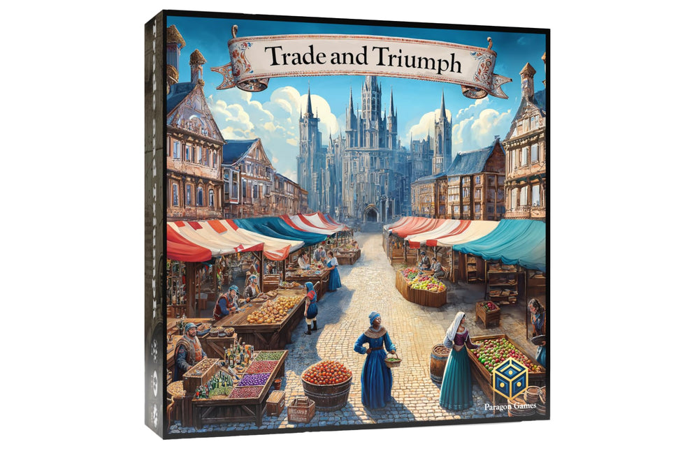 Paragon Games Trade and Triumph game cover with a medieval market vibe for family play