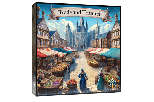 Paragon Games Trade and Triumph game cover with a medieval market vibe for family play