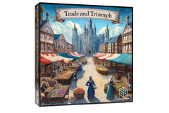 Paragon Games Trade and Triumph game cover with a medieval market vibe for family play