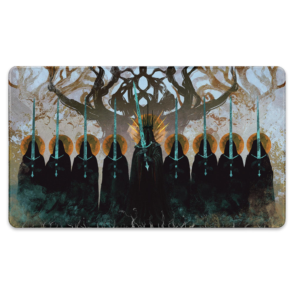 Paramint The Nine Black Riders stitched playmat edge closeup shows durable anti-fray stitching