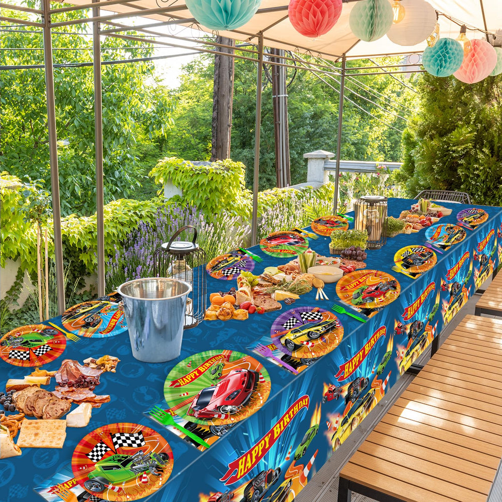 Party Greeting race car tablecloths protect surfaces during celebrations.