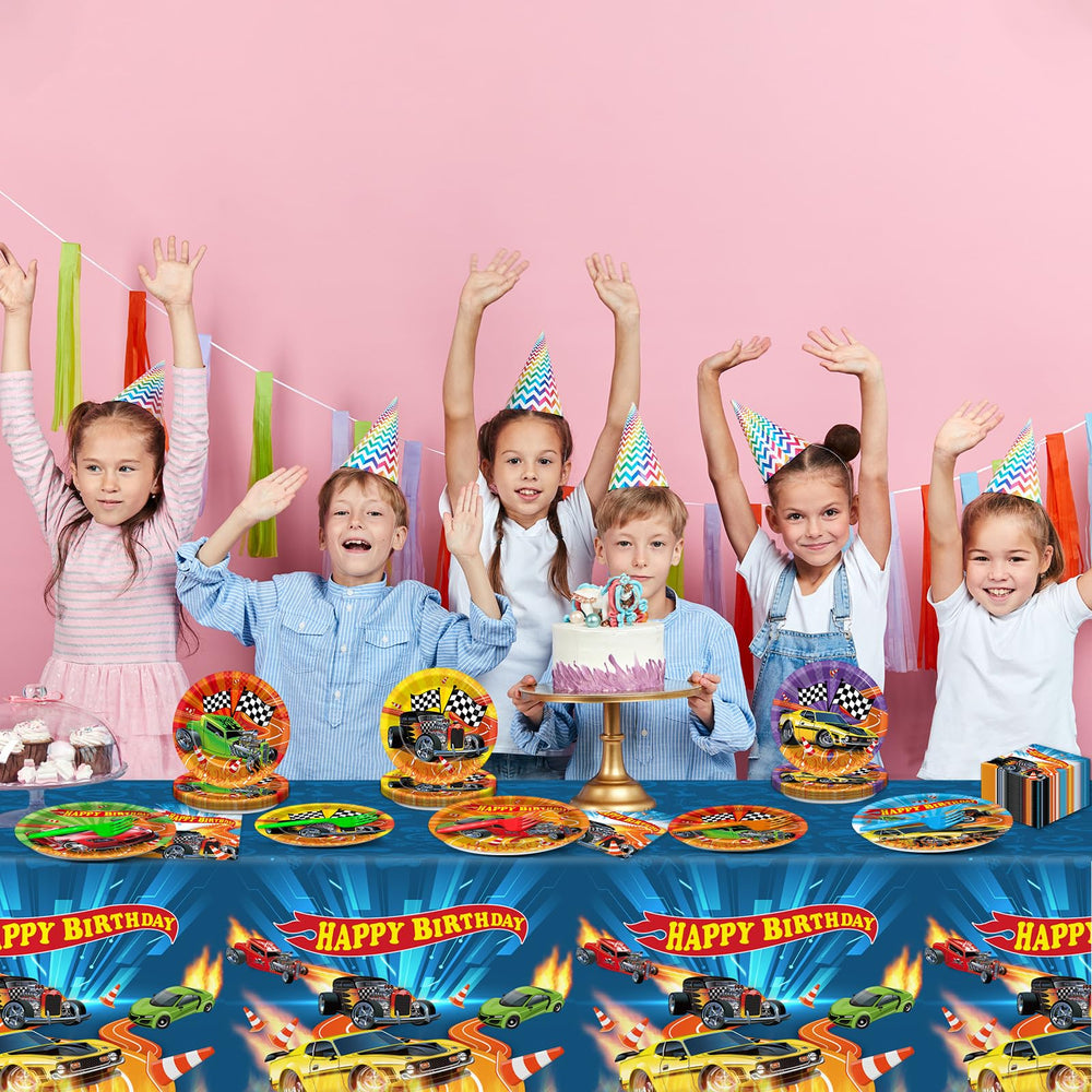 Party Greeting racetrack table cover enhances the racing vibe at events.