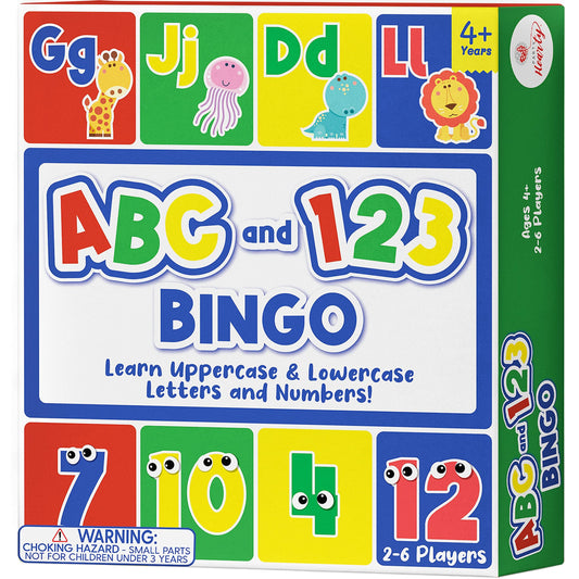 Party Hearty Alphabet and Number Bingo board, colorful and engaging for early literacy and numeracy.