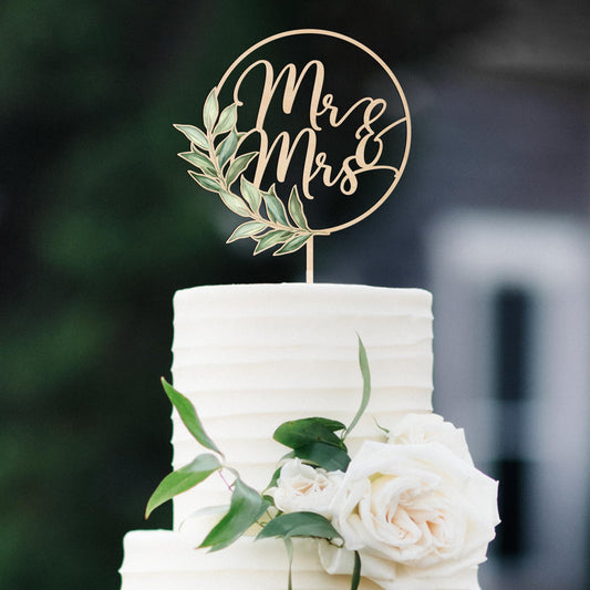 Party to Be Mr and Mrs Greeny wood cake topper full view for wedding cake styling