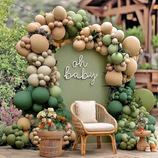 Partycus sage-green brown balloon arch creates a chic neutral centerpiece for events.