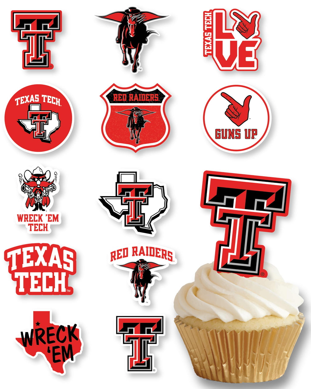 PartyKandy Texas Tech cupcake toppers close-up, ready-to-use game day decorations.